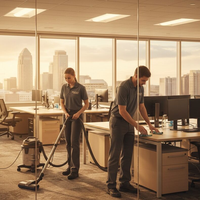 Two cleaners in work uniforms are cleaning a modern office with a view of a skyline.