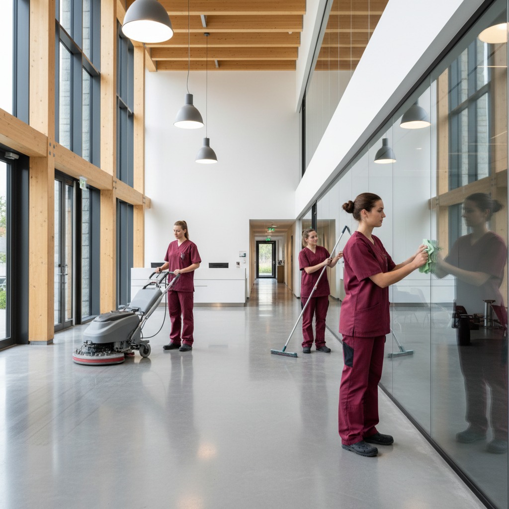 Three cleaners in burgundy work uniforms are cleaning the floor and glass facades of a modern office building.
